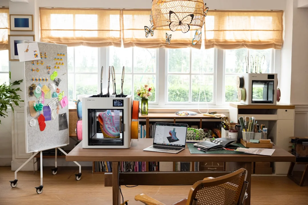 A contemporary workspace featuring a smartphone screen and a computer setup, well suited to business and technology themes.